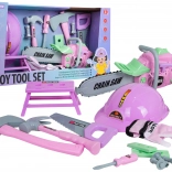 Pink kids’ tool set with chainsaw and accessories
