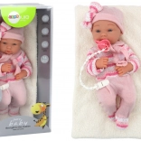 Poupée bébé rose avec cardigan rayé, bonnet, écharpe et accessoires 35 cm