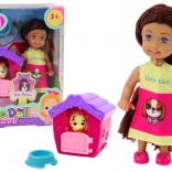Mini doll with long hair and colorful skirt with dog and kennel