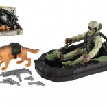 Military action set with inflatable boat, soldier, and dog