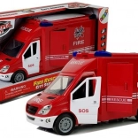 Friction-powered fire truck with lights and sounds, opening doors