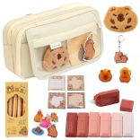 Beige School Pencil Case with Capybara Accessories