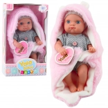 Cloth baby doll in gray pajamas with pink bunny-ear blanket 23 cm