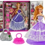 doll in purple dress with accessories – handbags, jewelry and heels