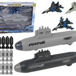 military set navy with submarines, fighters and missiles