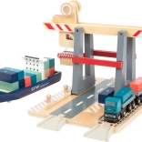Small foot scheepsdepot met accessoires – houten haven-treinset met kraan en containers
