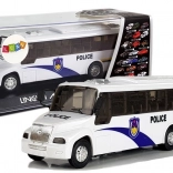 Bus de police blanc avec moteur mécanique et effets sonores